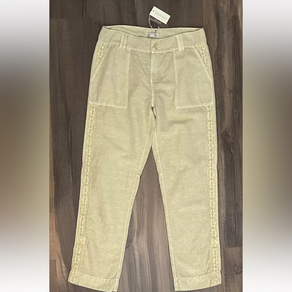 Sundance Organia Linen Cotton Blend Pants Women’s Sz 8  Sand Lace Roll Hem Boho - Picture 4 of 10